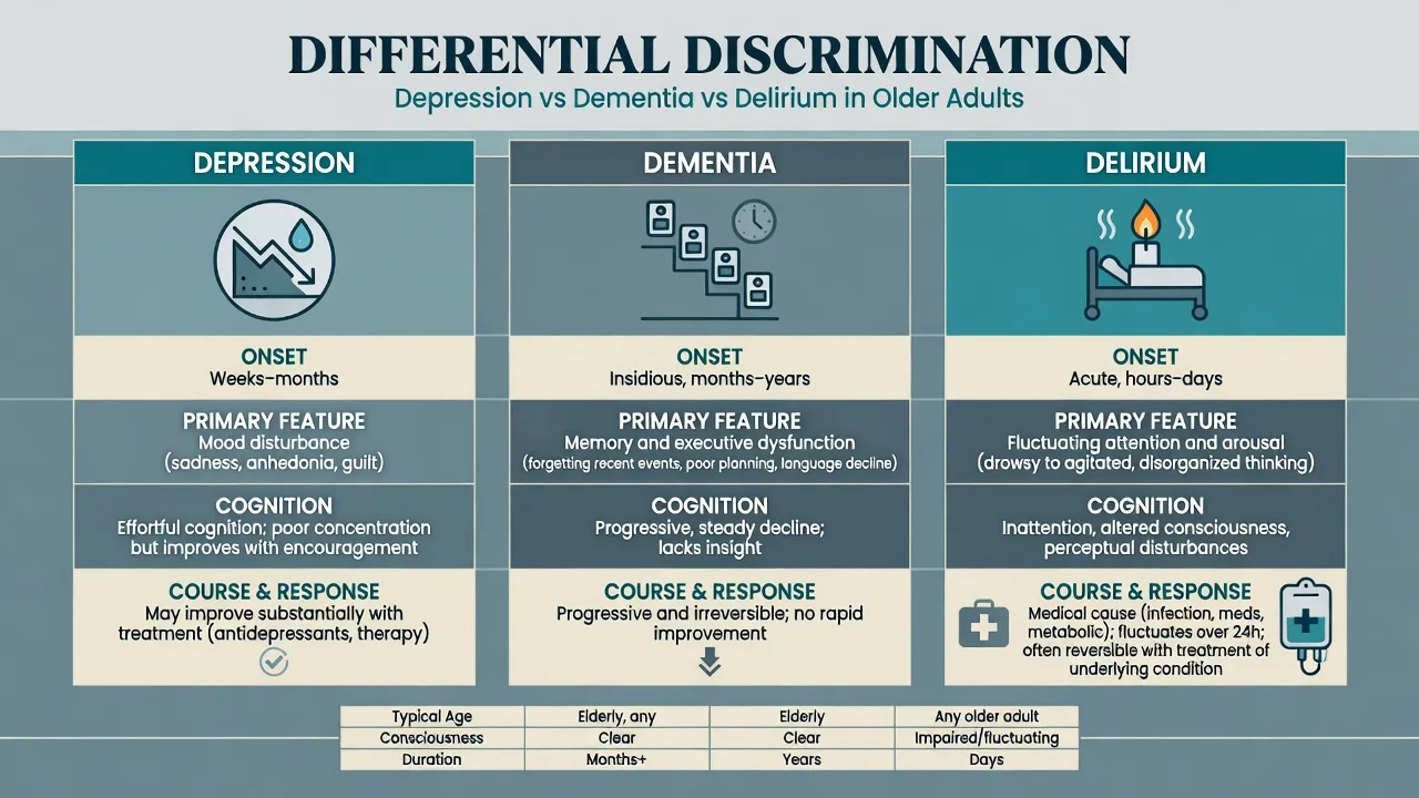 Three-column differential comparing depression, dementia, and delirium in older adults