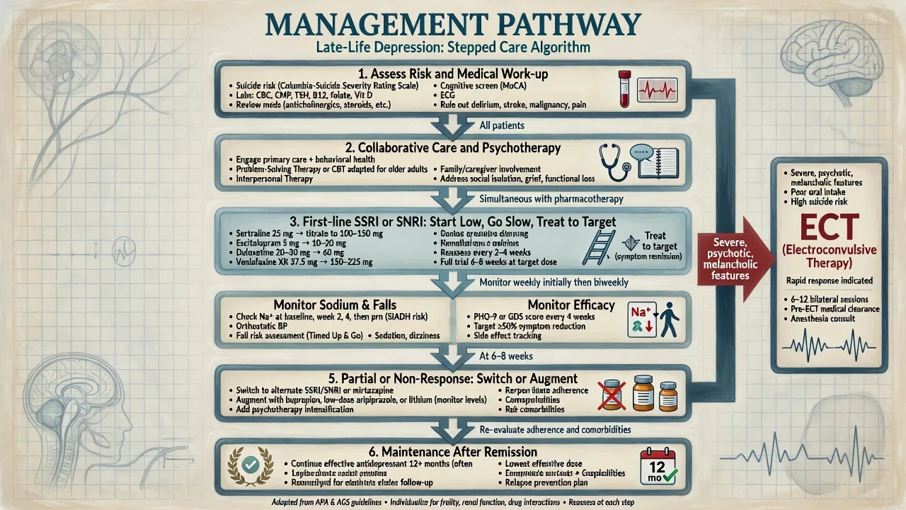 Stepped management pathway for late-life depression including collaborative care, antidepressants, and ECT