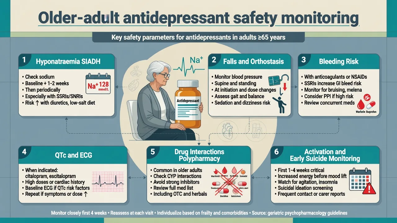 Older-adult antidepressant safety monitoring cards for hyponatraemia, falls, bleeding, QTc, interactions, and early suicide monitoring