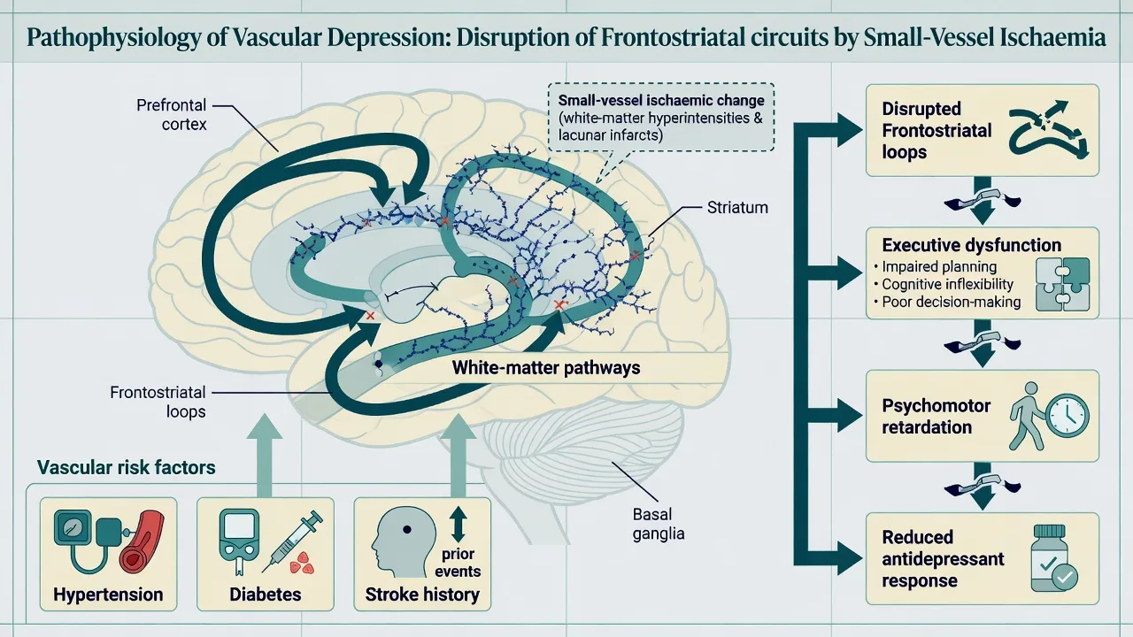 Vascular depression pathophysiology with frontostriatal circuit disruption from small-vessel ischaemia