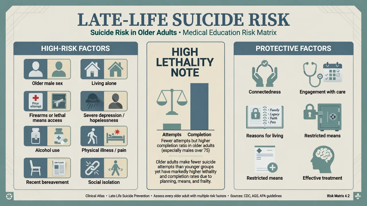 Late-life suicide risk matrix with high-risk and protective factors and high lethality note