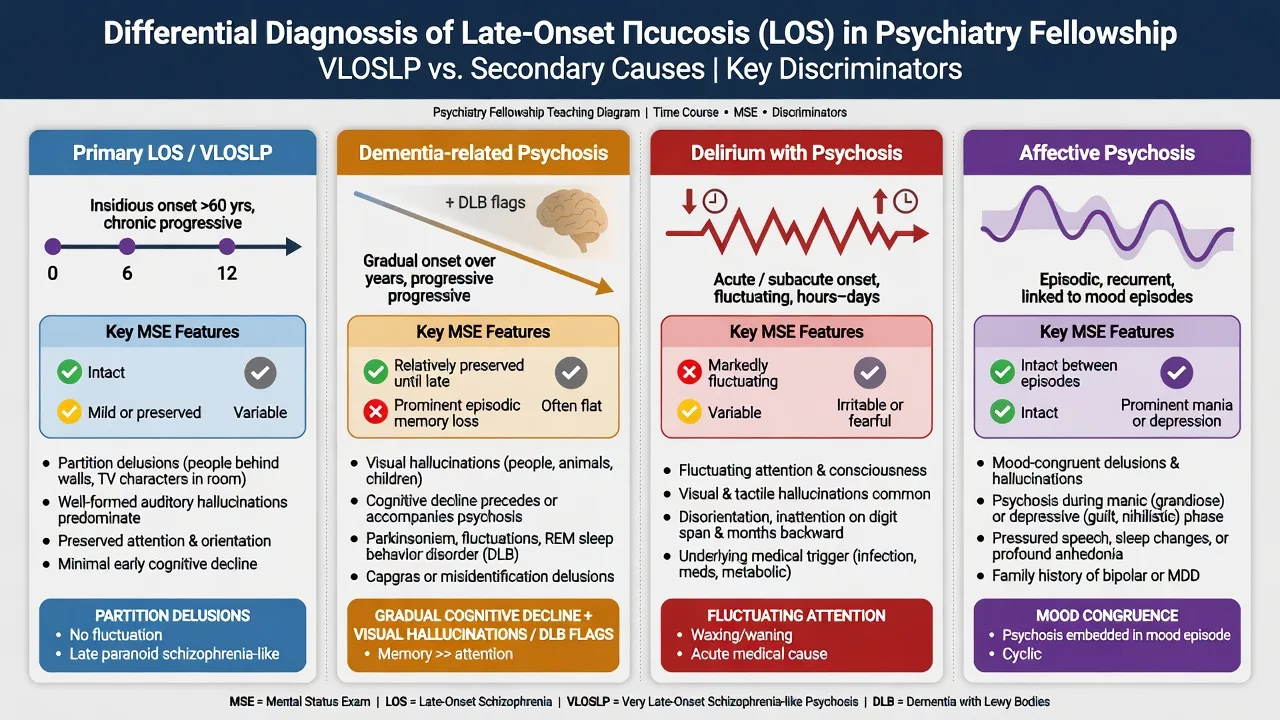 Four-panel differential of primary LOS/VLOSLP versus dementia-related psychosis, delirium, and affective psychosis