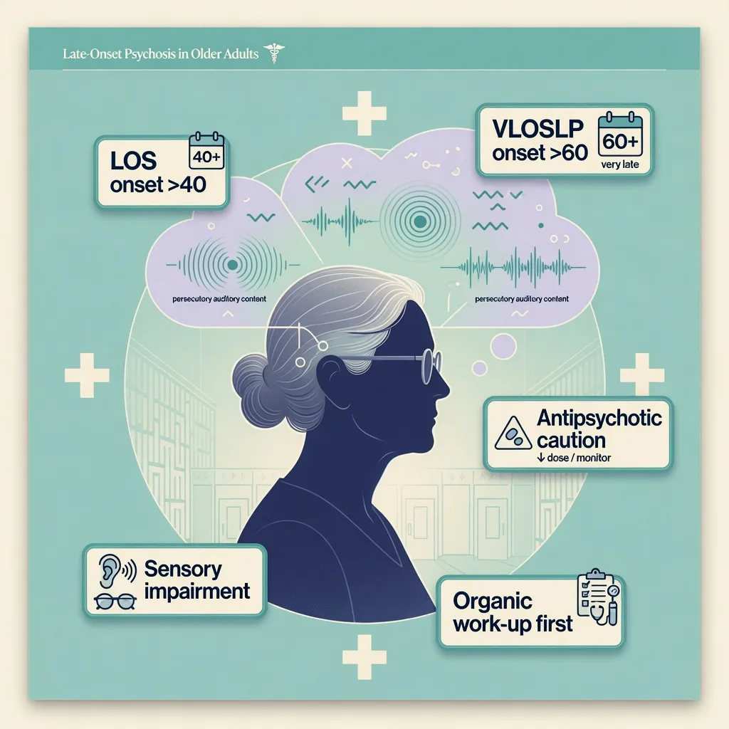 Educational hero graphic for late-onset psychosis highlighting LOS, VLOSLP, organic work-up, and antipsychotic caution