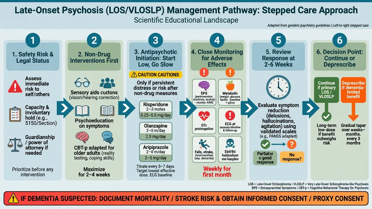Stepped management pathway for late-onset psychosis from safety through non-drug care, low-dose antipsychotic, monitoring, and review