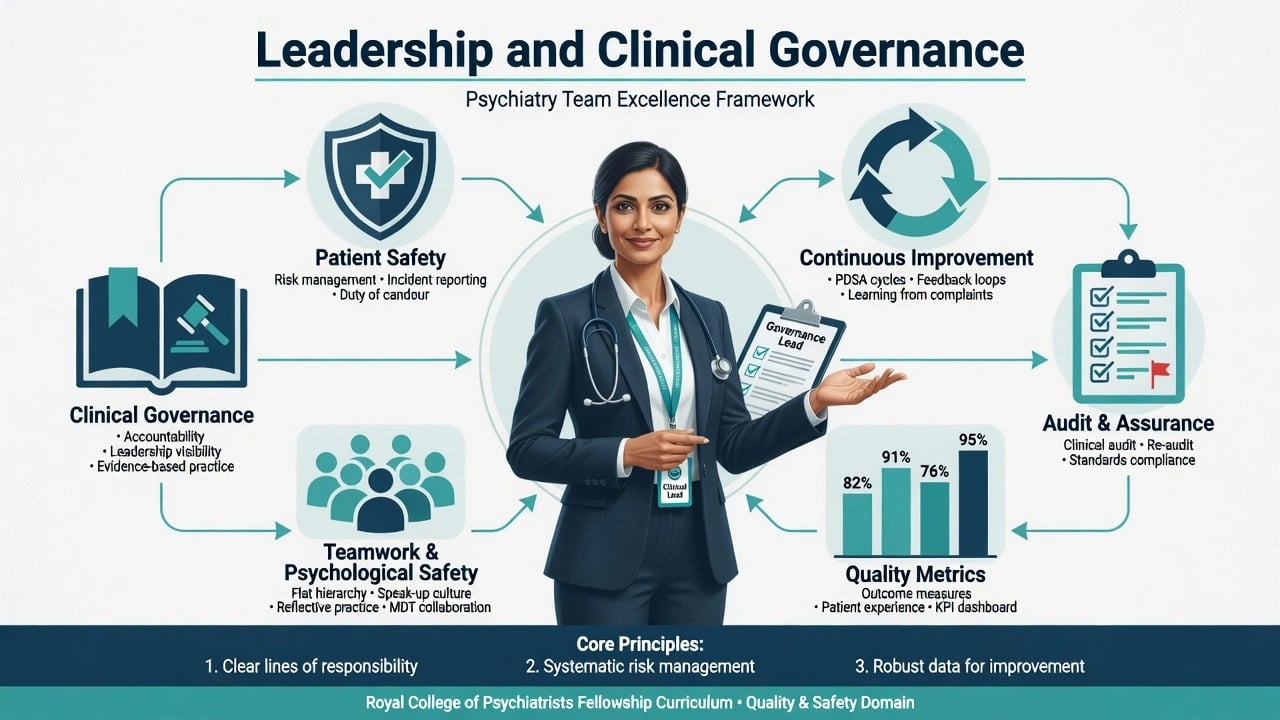 Educational overview infographic of leadership and clinical governance with patient safety, teamwork, continuous improvement, audit, and quality metrics