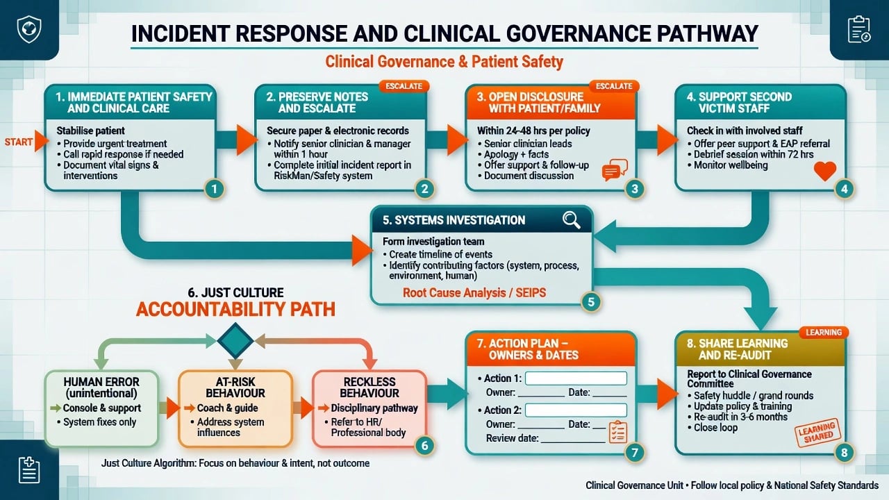 Flowchart of incident response and clinical governance pathway including open disclosure, second victim support, systems investigation, just culture, and re-audit
