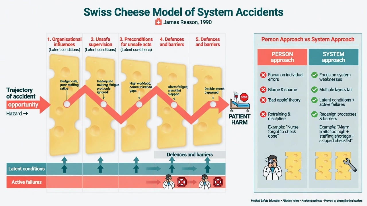 Swiss cheese model of system accidents with person approach versus system approach comparison