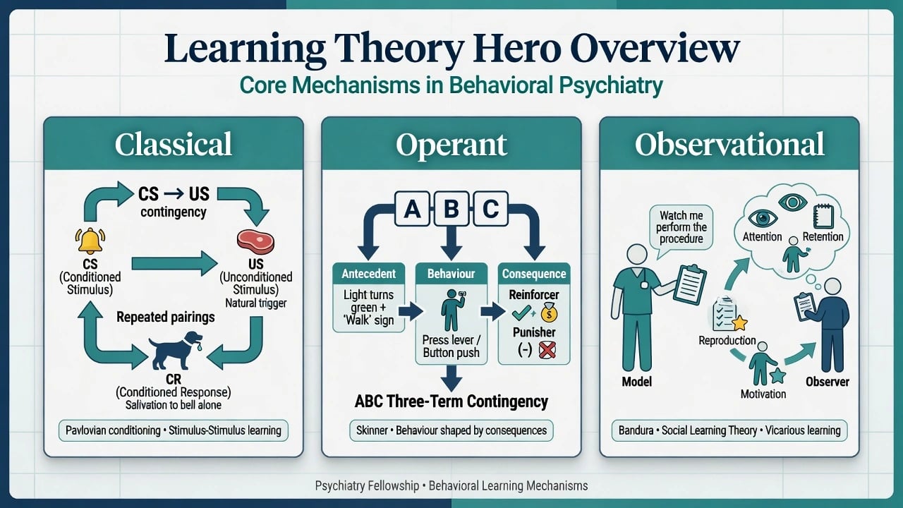 Three-panel overview of classical, operant, and observational learning for psychiatry