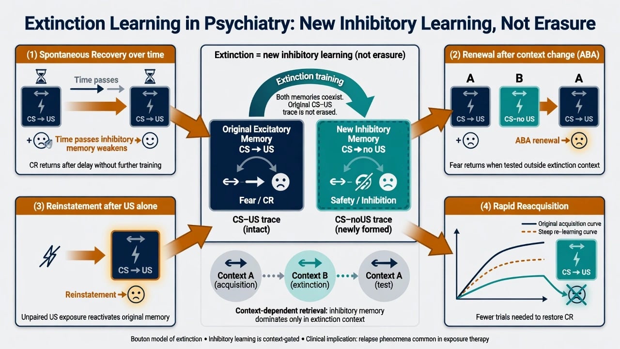 Extinction as inhibitory learning with spontaneous recovery renewal reinstatement and rapid reacquisition