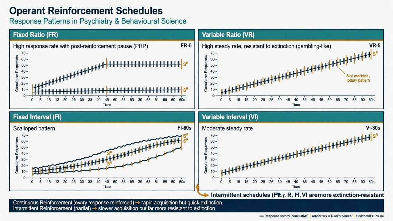 Four operant reinforcement schedules FR VR FI VI with response pattern sketches
