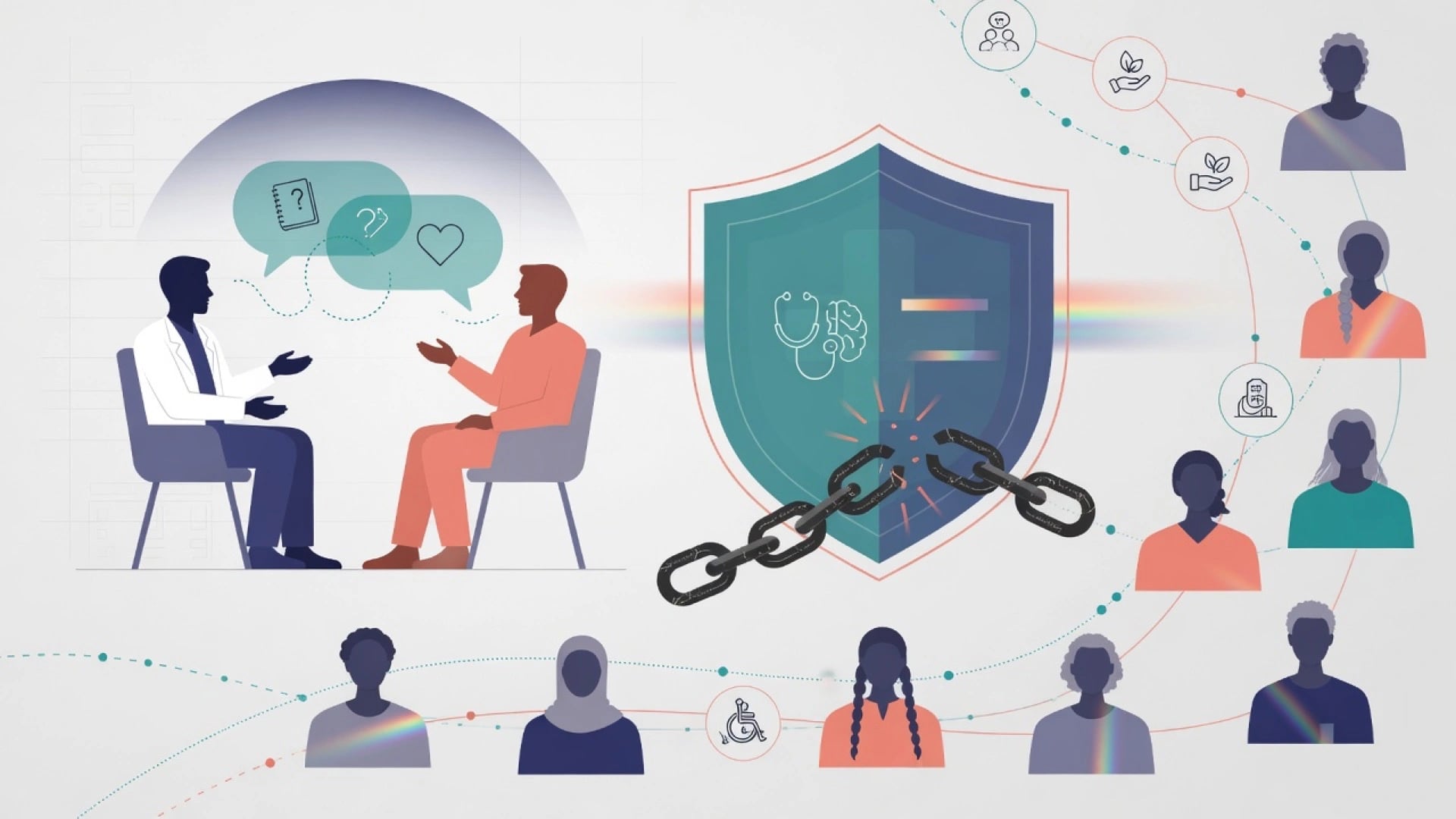 Educational illustration of LGBTQ+ affirming psychiatric care with partnership, safety, and community inclusion themes