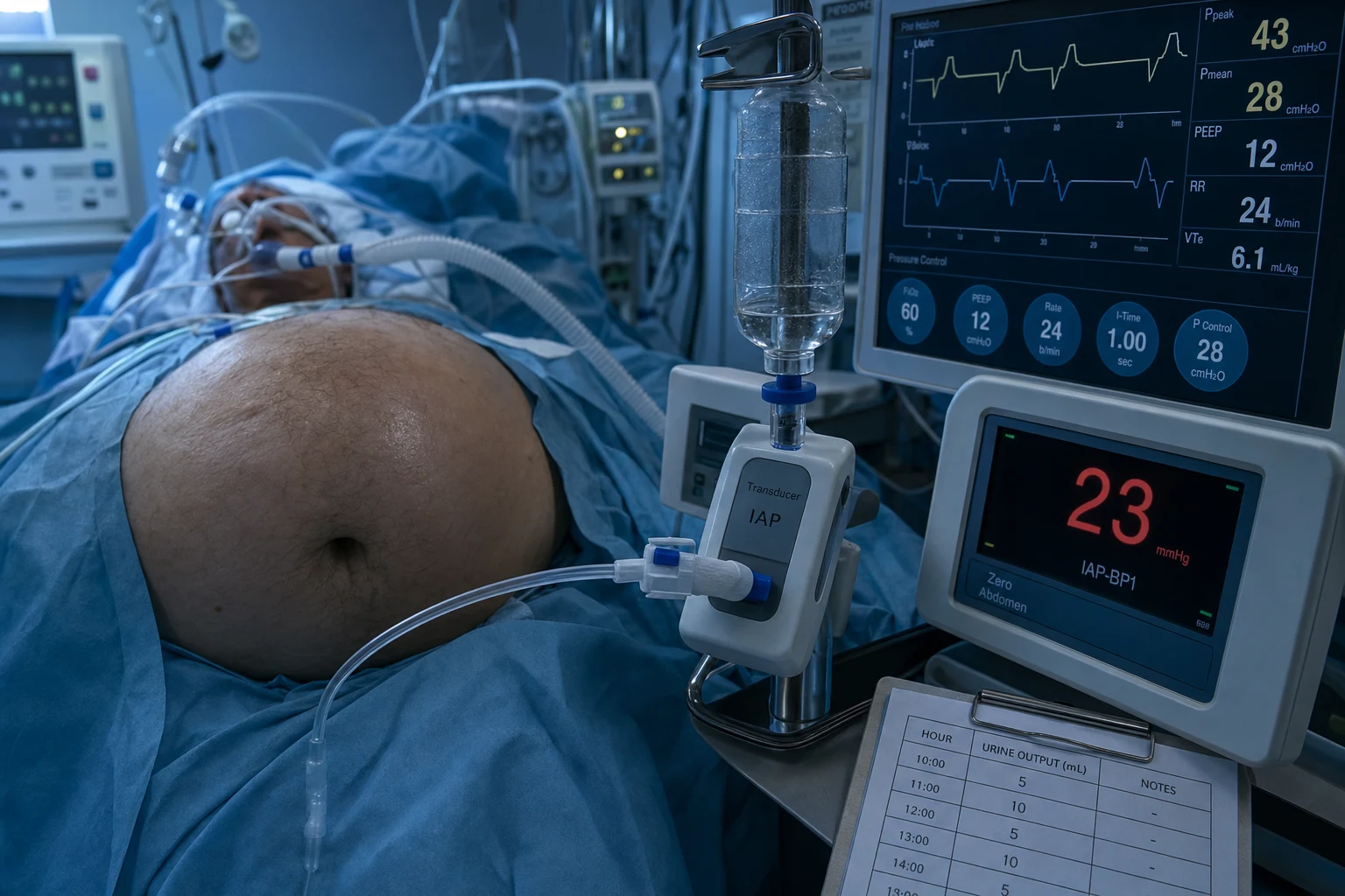 Cinematic scene of a swollen tense forearm in a splint with blistering, a compartment-pressure measuring needle beside it, clinical-blue lighting, medical educational, no faces, no text
