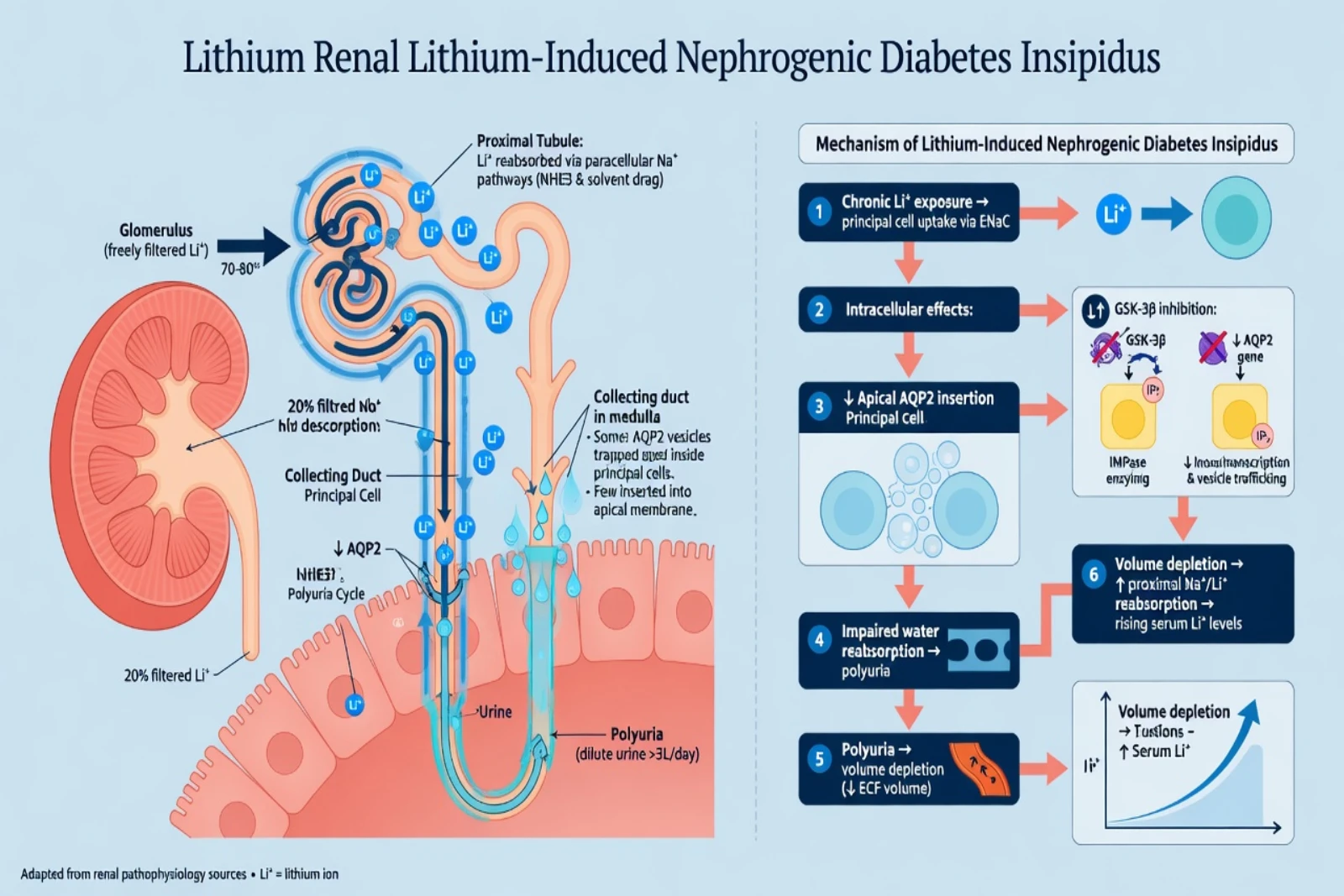 Kidney nephron lithium handling and nephrogenic diabetes insipidus mechanism with intracellular signalling icons