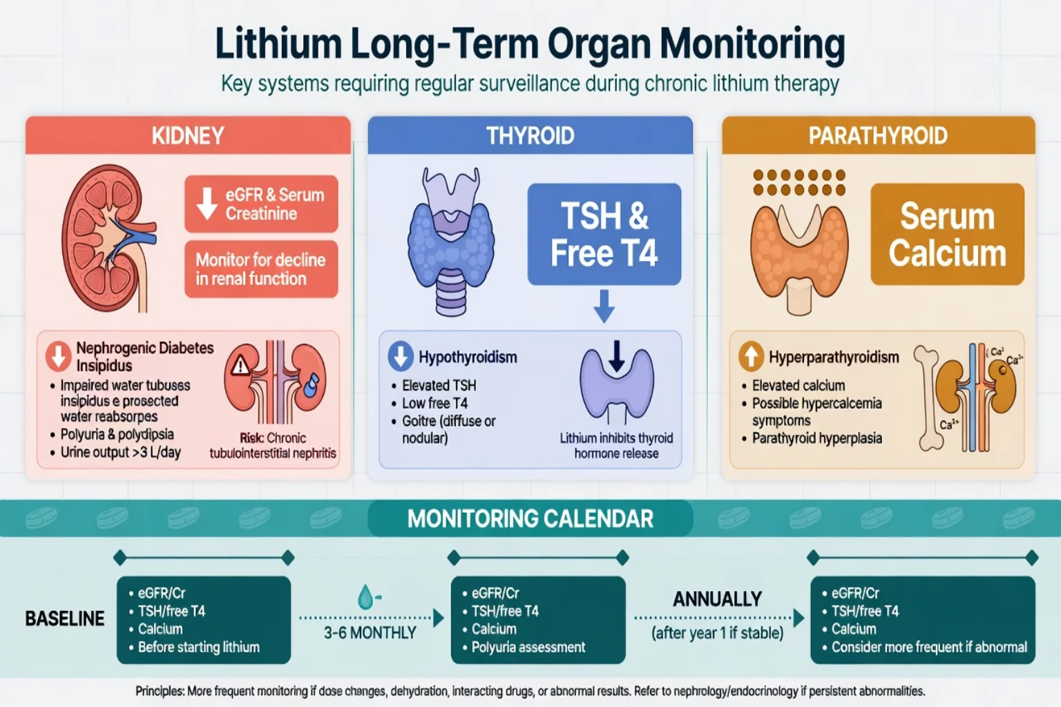 Three-panel lithium monitoring for kidney thyroid and parathyroid with timeline strip
