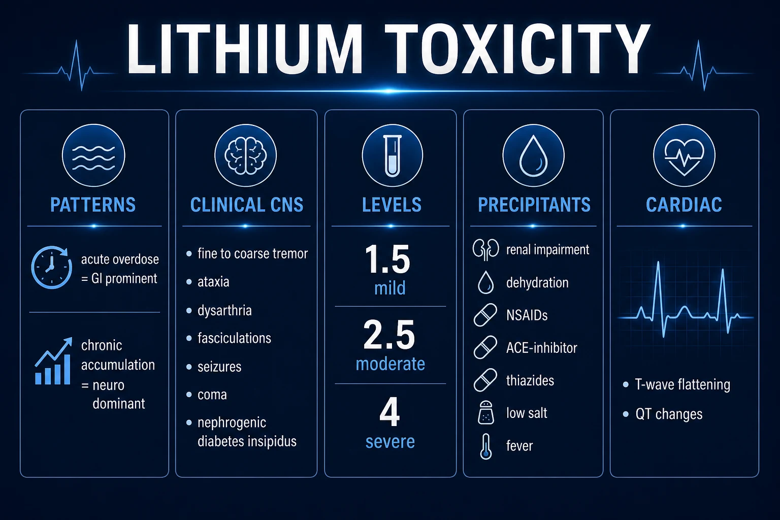 Lithium toxicity patterns, clinical CNS ladder, approximate severity levels, precipitants and cardiac notes