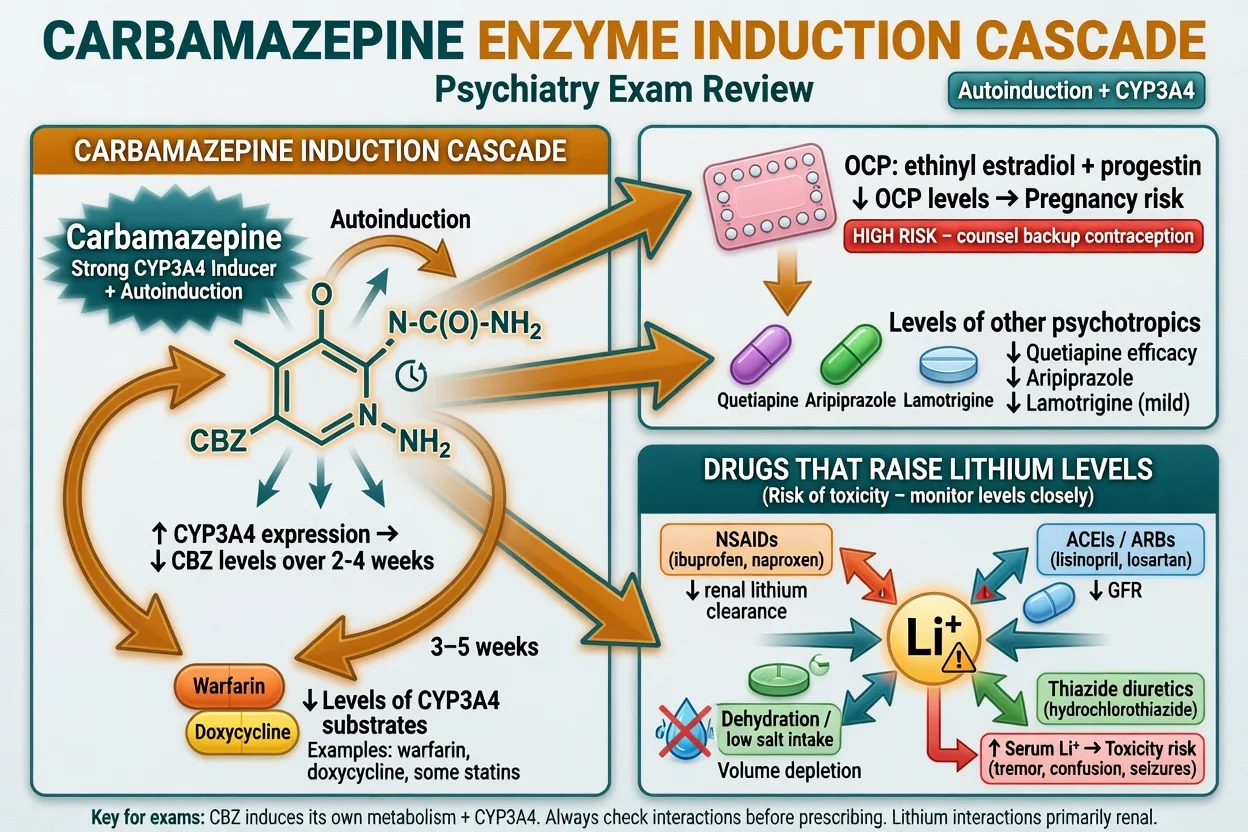 Drug interaction map including drugs that raise lithium levels: NSAIDs, ACEI/ARB, thiazides, dehydration