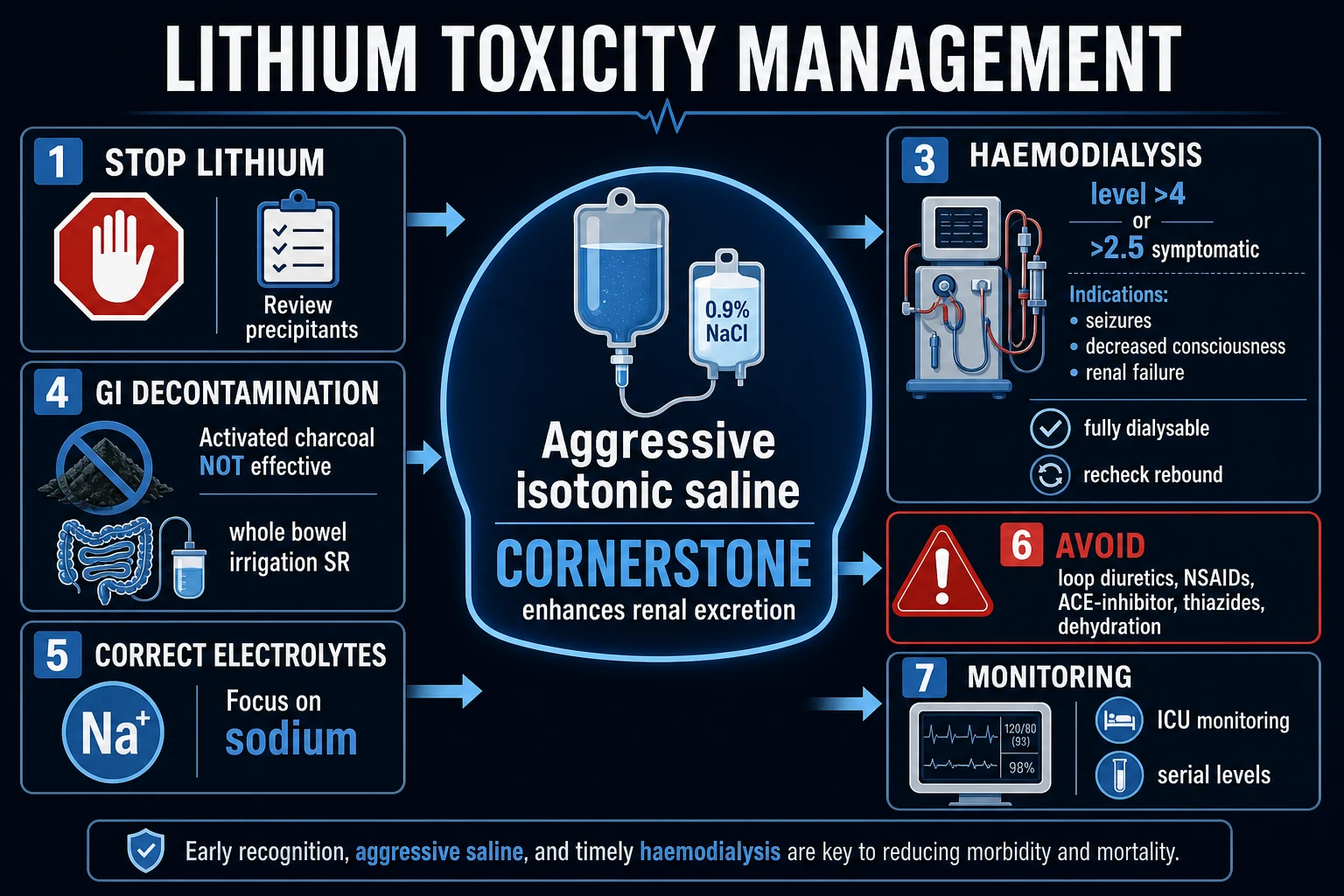 Lithium toxicity management with stop lithium, saline cornerstone, decontamination limits, dialysis, and monitoring