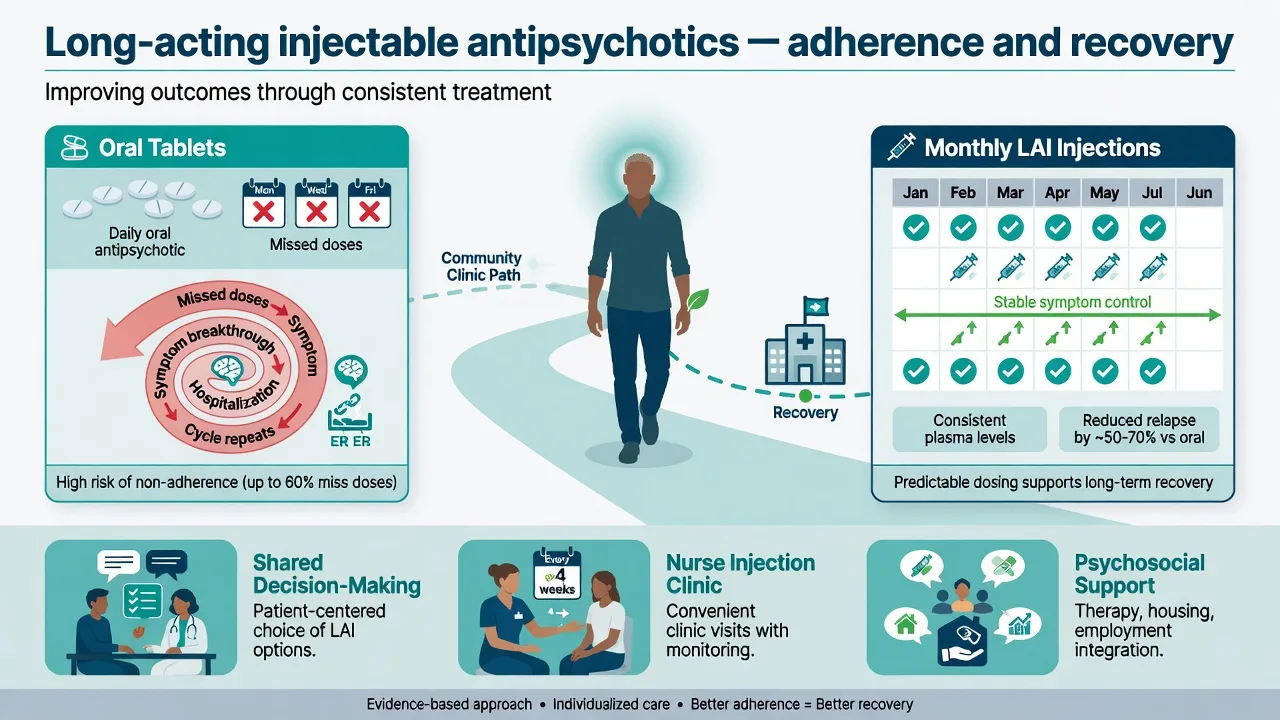 Educational figure contrasting oral non-adherence relapse risk with scheduled LAI clinic support and recovery planning