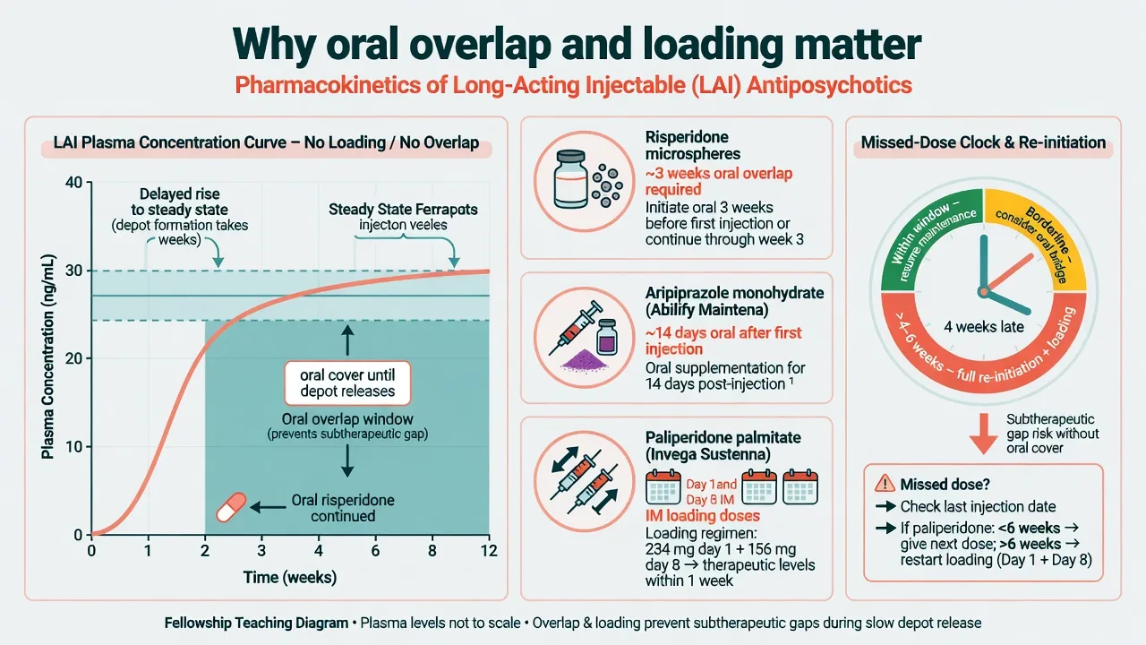 Plasma concentration curve showing delayed LAI rise, oral overlap window, and agent-specific initiation patterns