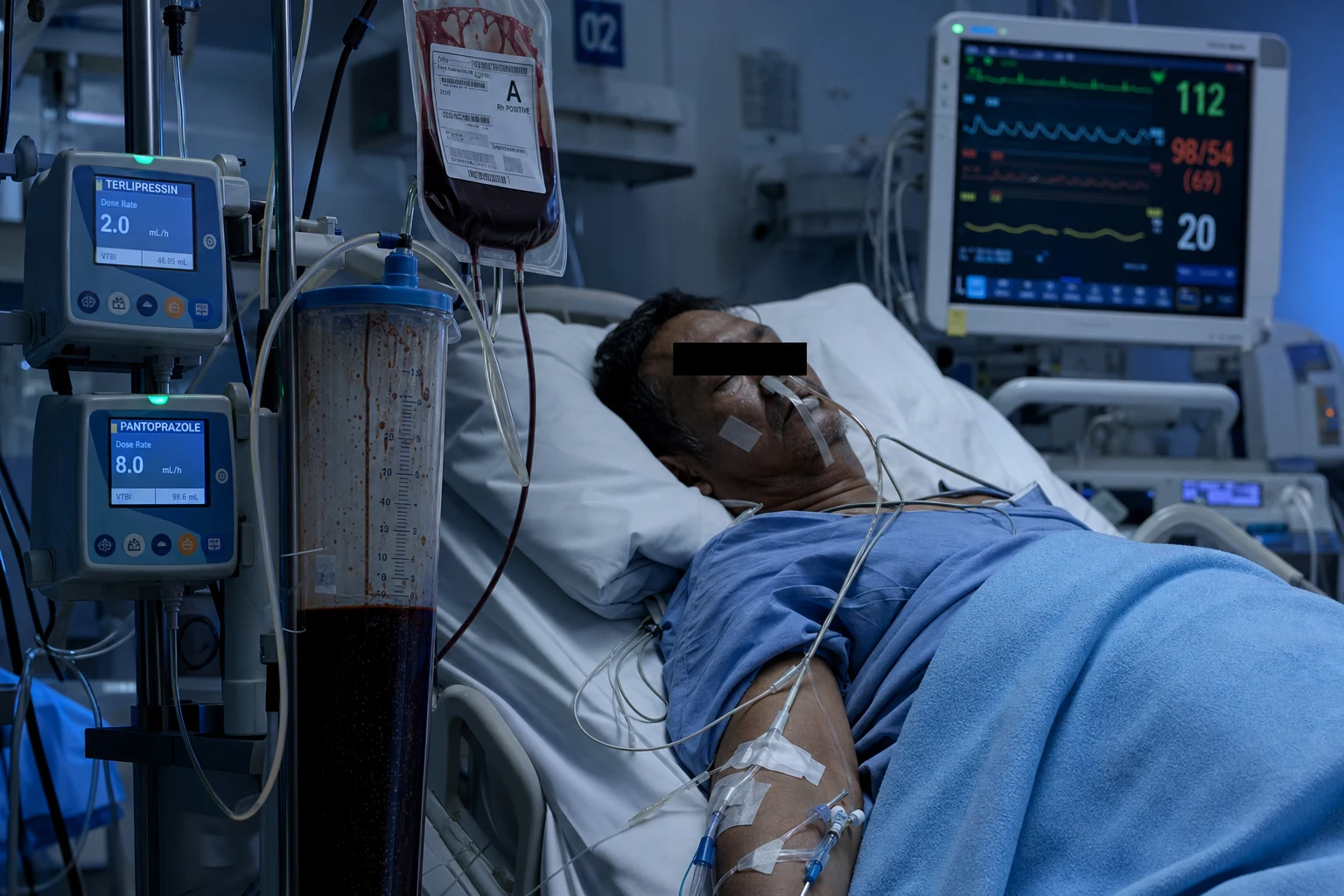 Cinematic ICU scene of acute lower GI bleeding with hematochezia and resuscitation bay