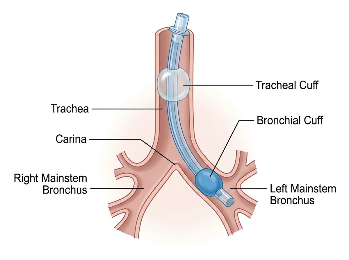Double-lumen tube and bronchial blocker educational illustration