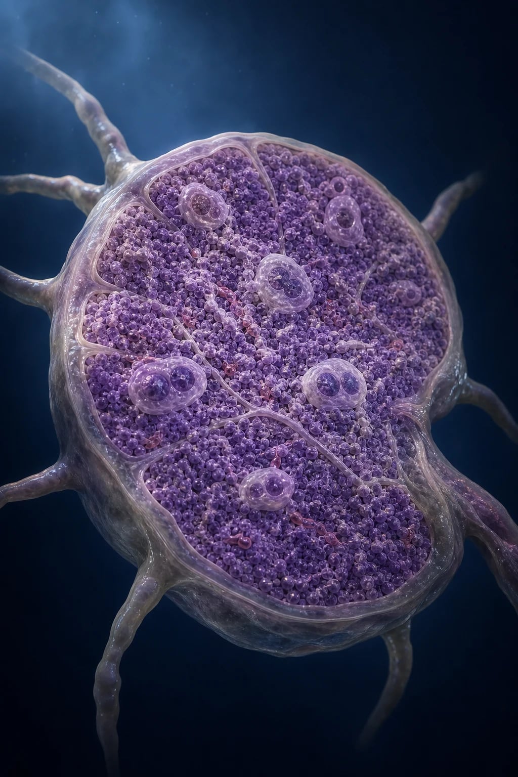 Cinematic 3D anatomical illustration of an enlarged lymph node with abnormal Reed-Sternberg-like binucleate cells and reactive lymphocytes, deep navy background