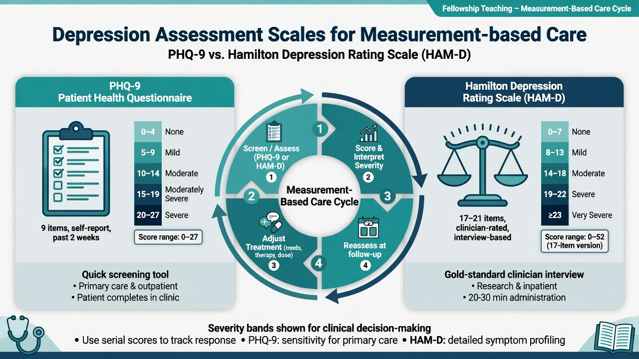 PHQ-9 and HAM-D severity bands with measurement-based care cycle