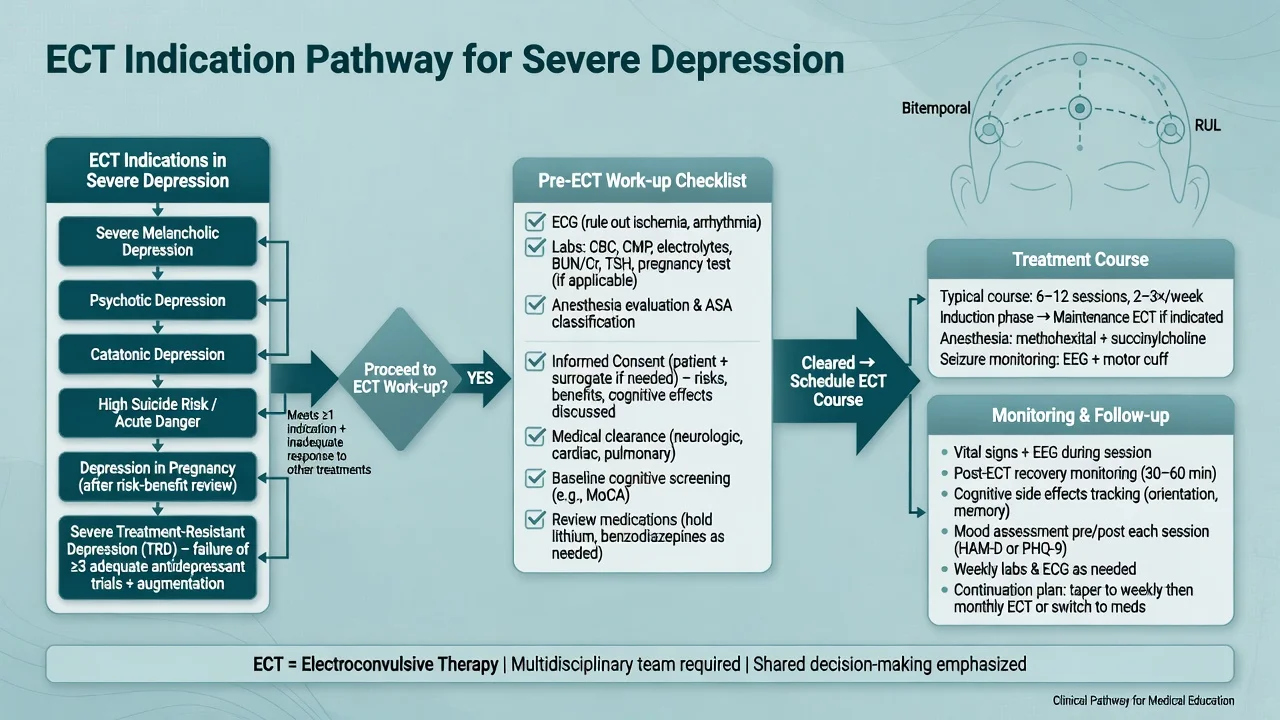 ECT indication pathway, work-up checklist and treatment course for severe depression