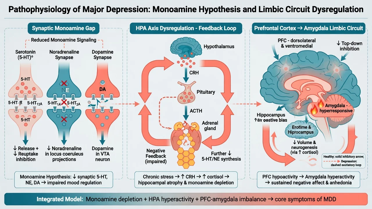 Monoamine synapse, HPA axis and prefrontal-limbic circuit model of depression
