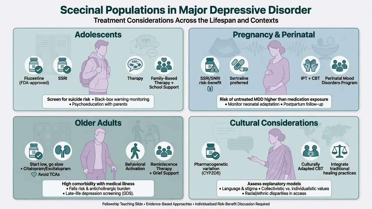 Treatment considerations for adolescents, perinatal, older adults and cultural contexts in MDD