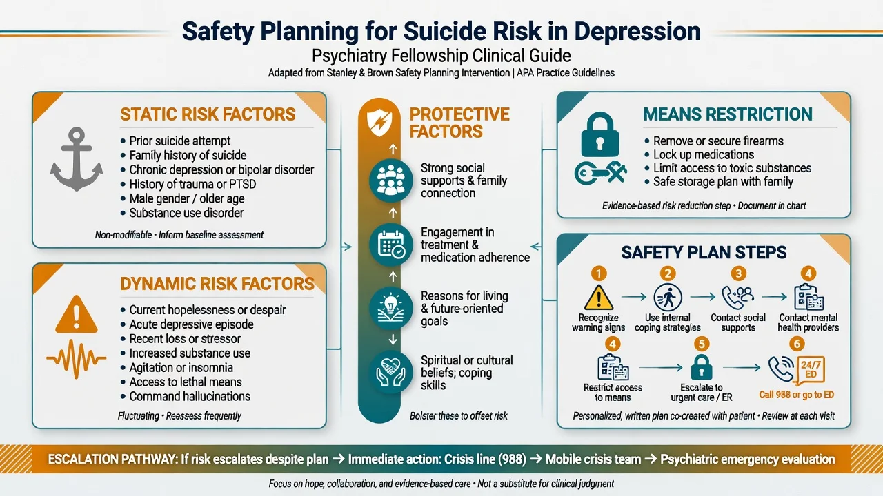 Suicide risk factors, protective factors, means restriction and safety plan steps in depression