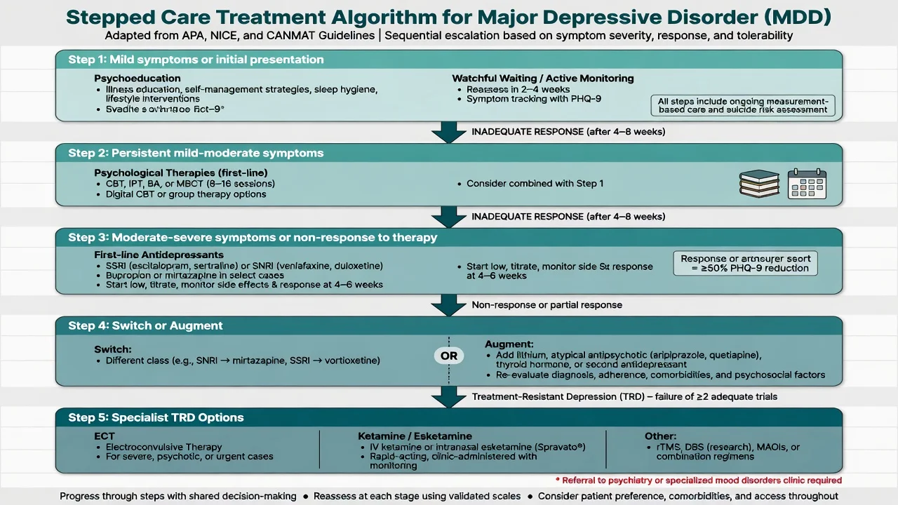 Stepped care treatment algorithm for MDD from psychoeducation to TRD options