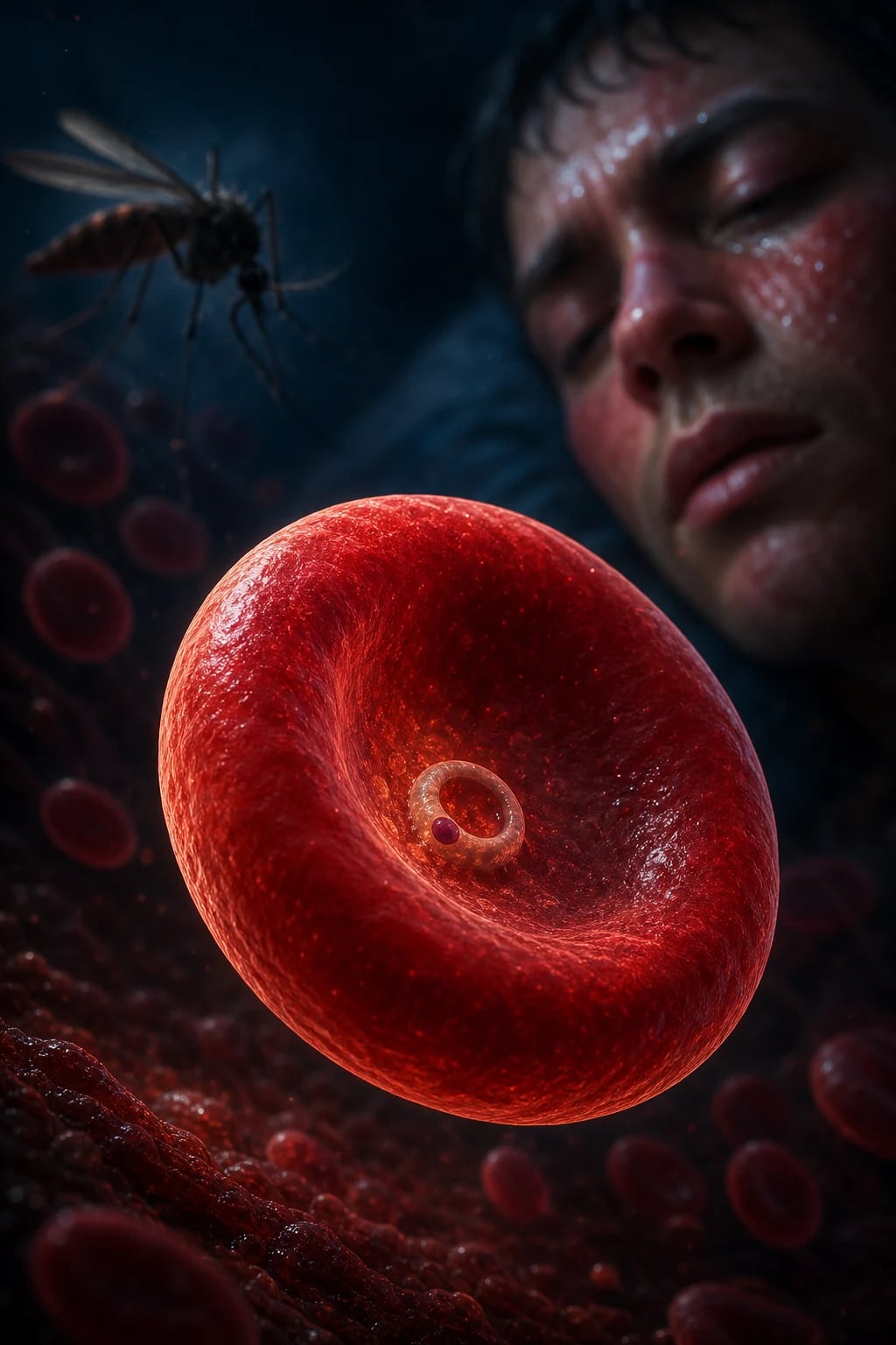 Anopheles mosquito biting human skin, Plasmodium sporozoites migrating through bloodstream to liver, RBCs with parasites inside, fever thermometer showing high temperature, deep red educational palette