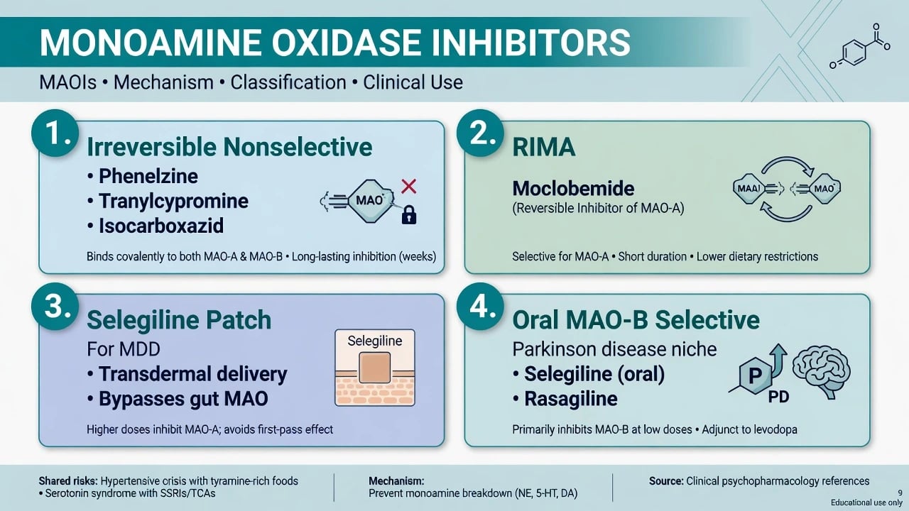 Classification map of monoamine oxidase inhibitors including irreversible nonselective agents, RIMA moclobemide, selegiline patch and oral MAO-B selective niche