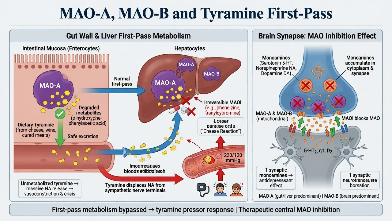 MAOI safety algorithm covering tyramine diet, hypertensive crisis response and selegiline patch dose-dependent diet rules