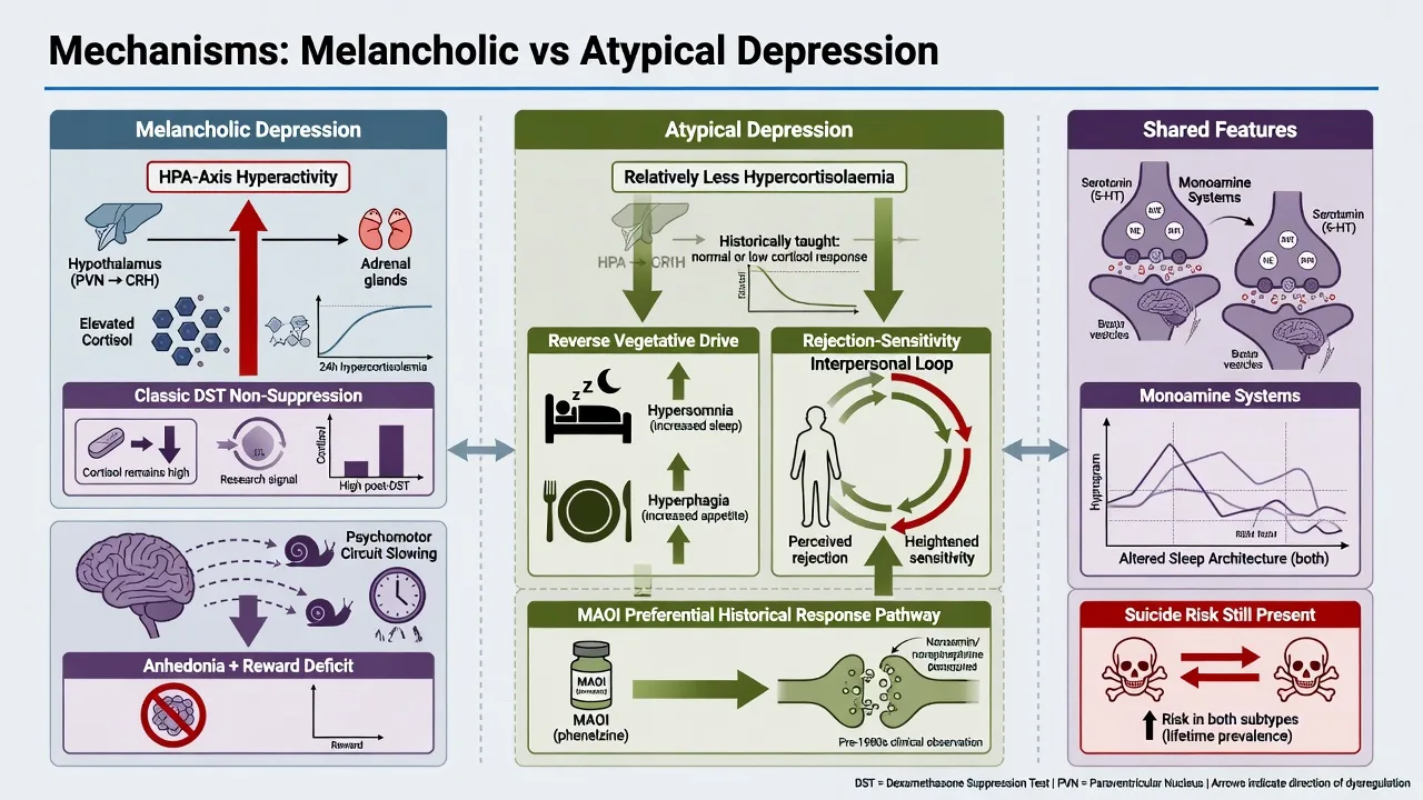 Management algorithm for melancholic and atypical depression from risk assessment through antidepressant choice, psychotherapy, MAOI pathway and ECT