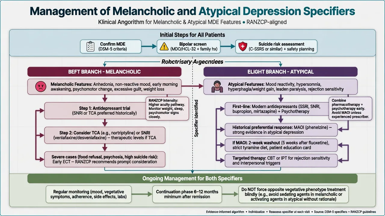 Mechanism diagram contrasting HPA hyperactivity in melancholia with reverse vegetative and interpersonal loops in atypical depression