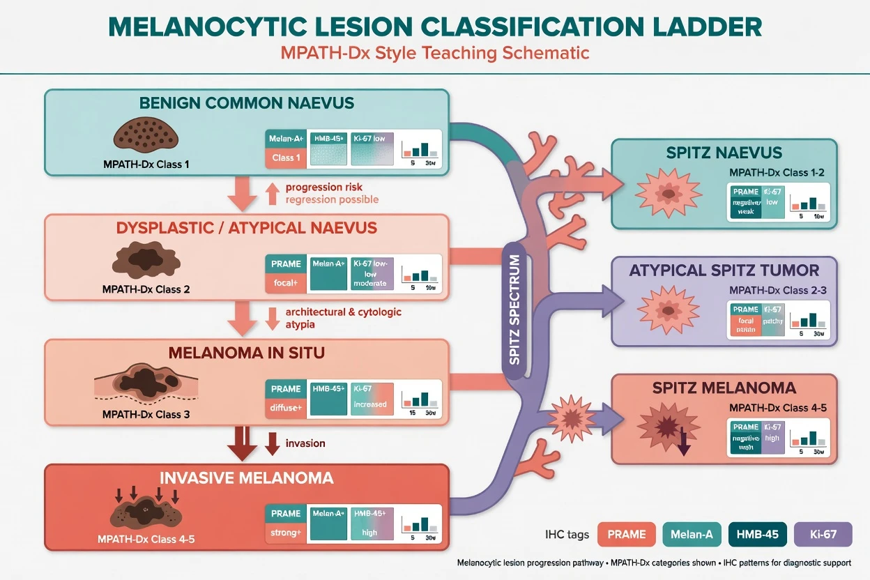 Classification ladder from common naevus through dysplastic naevus and melanoma in situ to invasive melanoma with Spitz spectrum side branch
