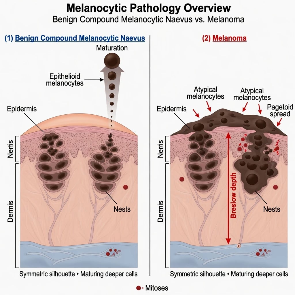 Educational schematic comparing nested maturing compound naevus with asymmetric melanoma showing pagetoid scatter and Breslow depth arrow