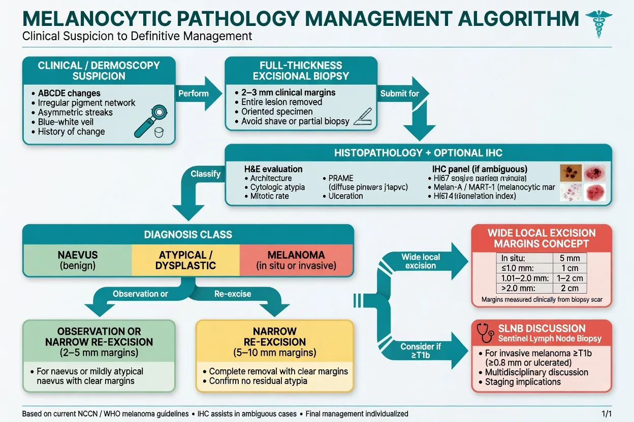 Flowchart from clinical suspicion through excisional biopsy histopathology IHC to naevus atypical or melanoma management including WLE and SLNB
