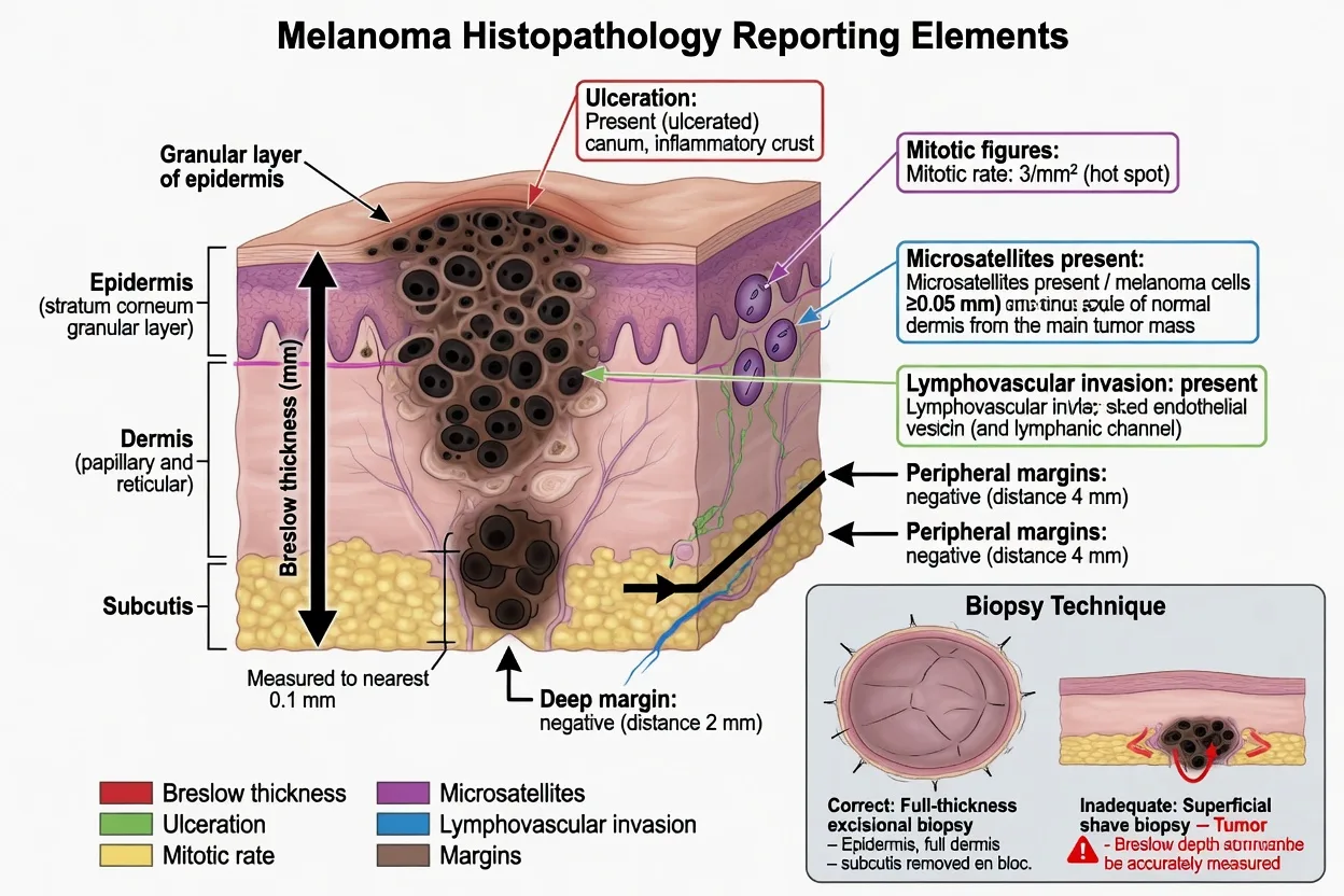 Diagram of Breslow measurement and key melanoma histopathology report elements including ulceration margins and mitoses