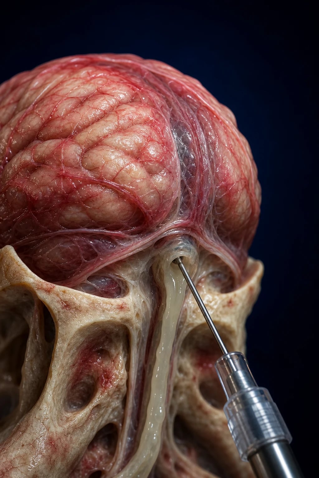 Cinematic 3D close-up of the brain and meninges with thickened, inflamed, reddened meningeal layers, a lumbar-puncture needle releasing cloudy cerebrospinal fluid, deep navy background