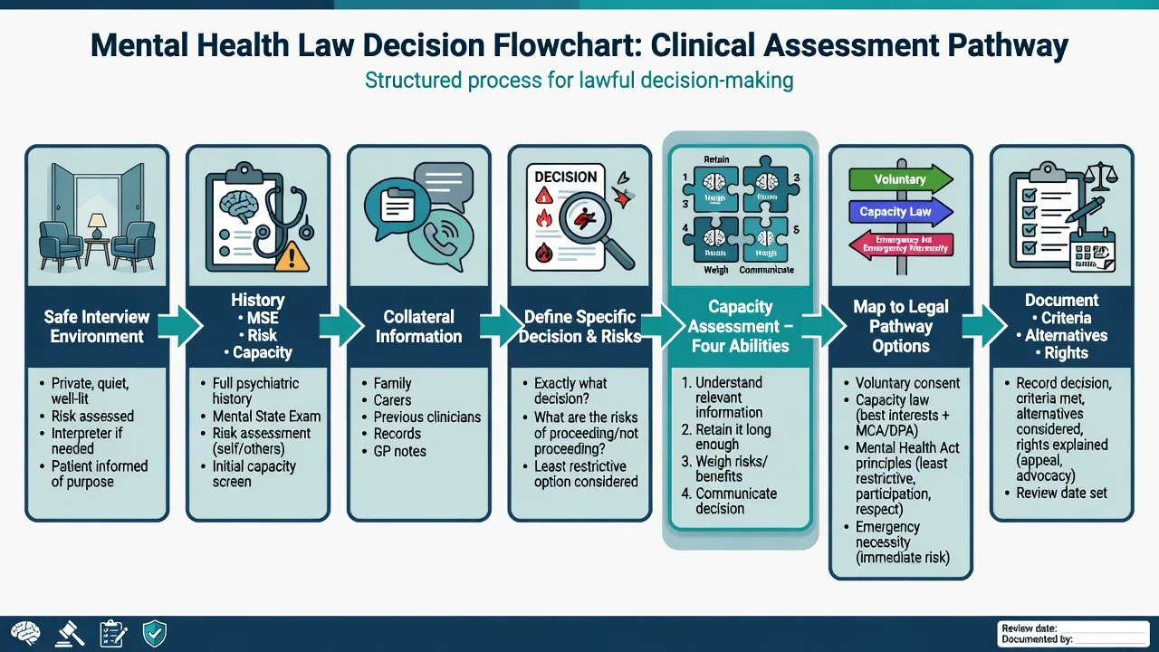 Stepwise clinical assessment flowchart for mental health law decisions from safe interview to documentation