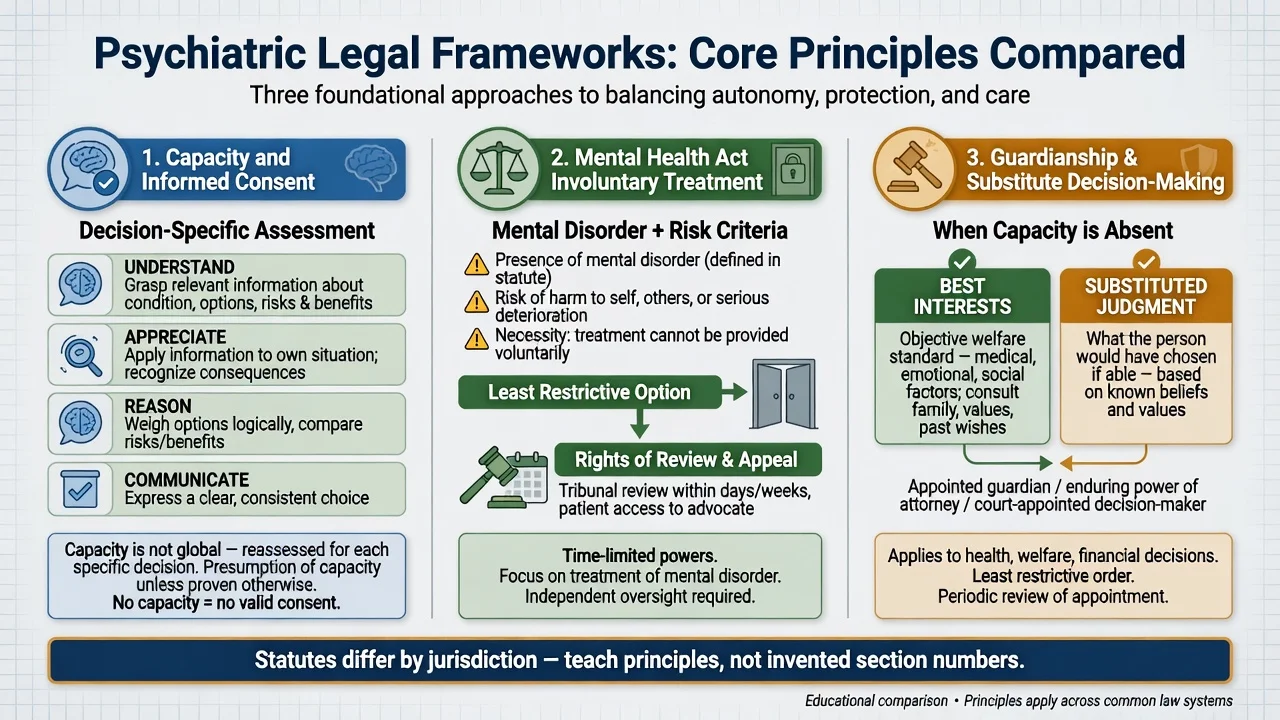 Three-column comparison of capacity consent, Mental Health Act principles, and guardianship substitute decision-making