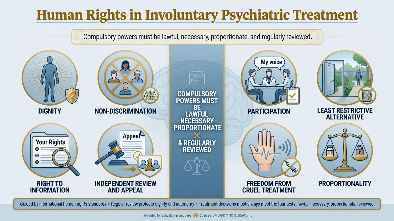 Human rights principles for involuntary psychiatric treatment including dignity, non-discrimination, participation, least restrictive alternative, review and appeal