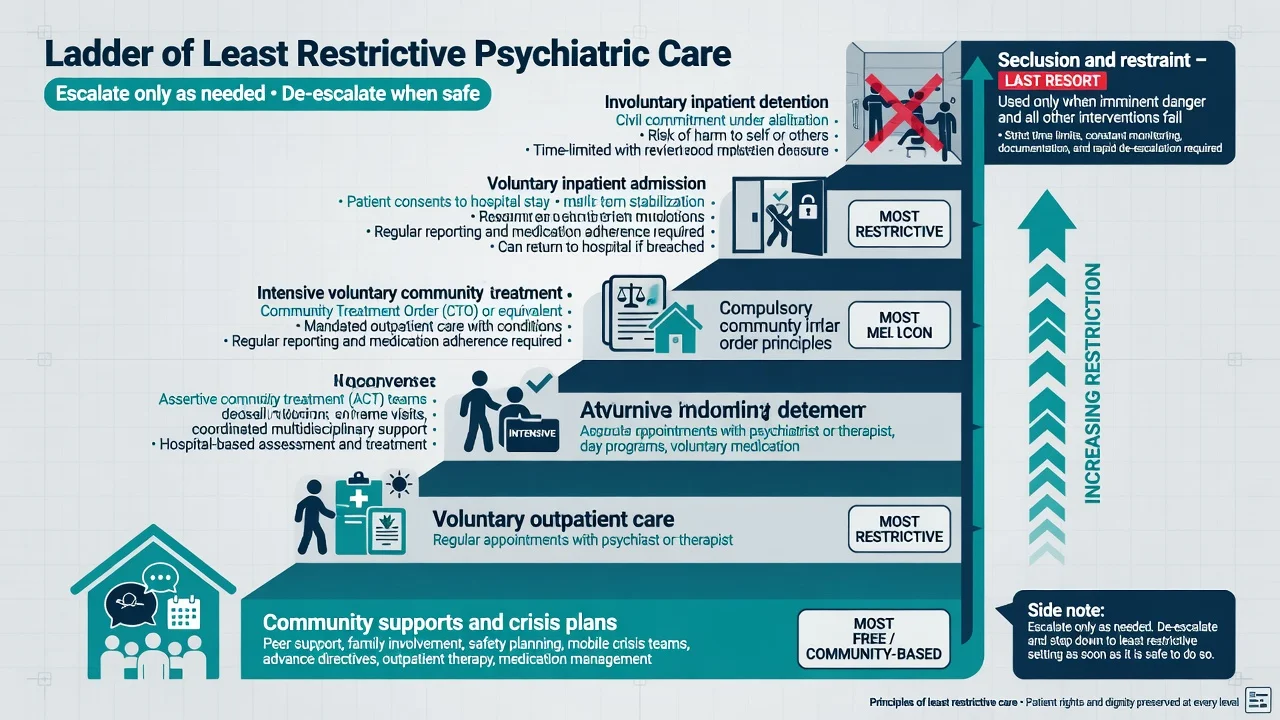 Ladder of least restrictive psychiatric care from community supports to seclusion as last resort