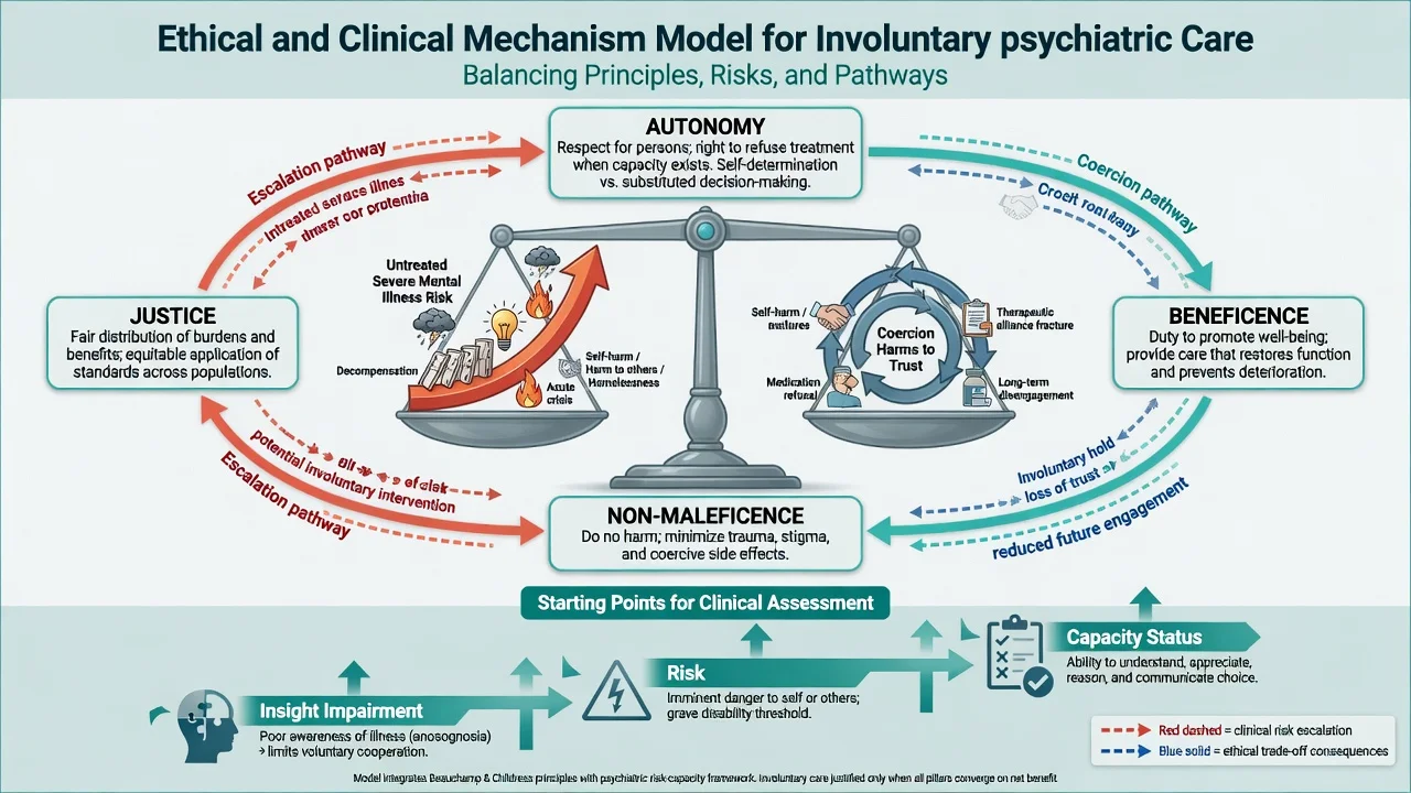 Ethical balance of autonomy, beneficence, non-maleficence, and justice around involuntary psychiatric care