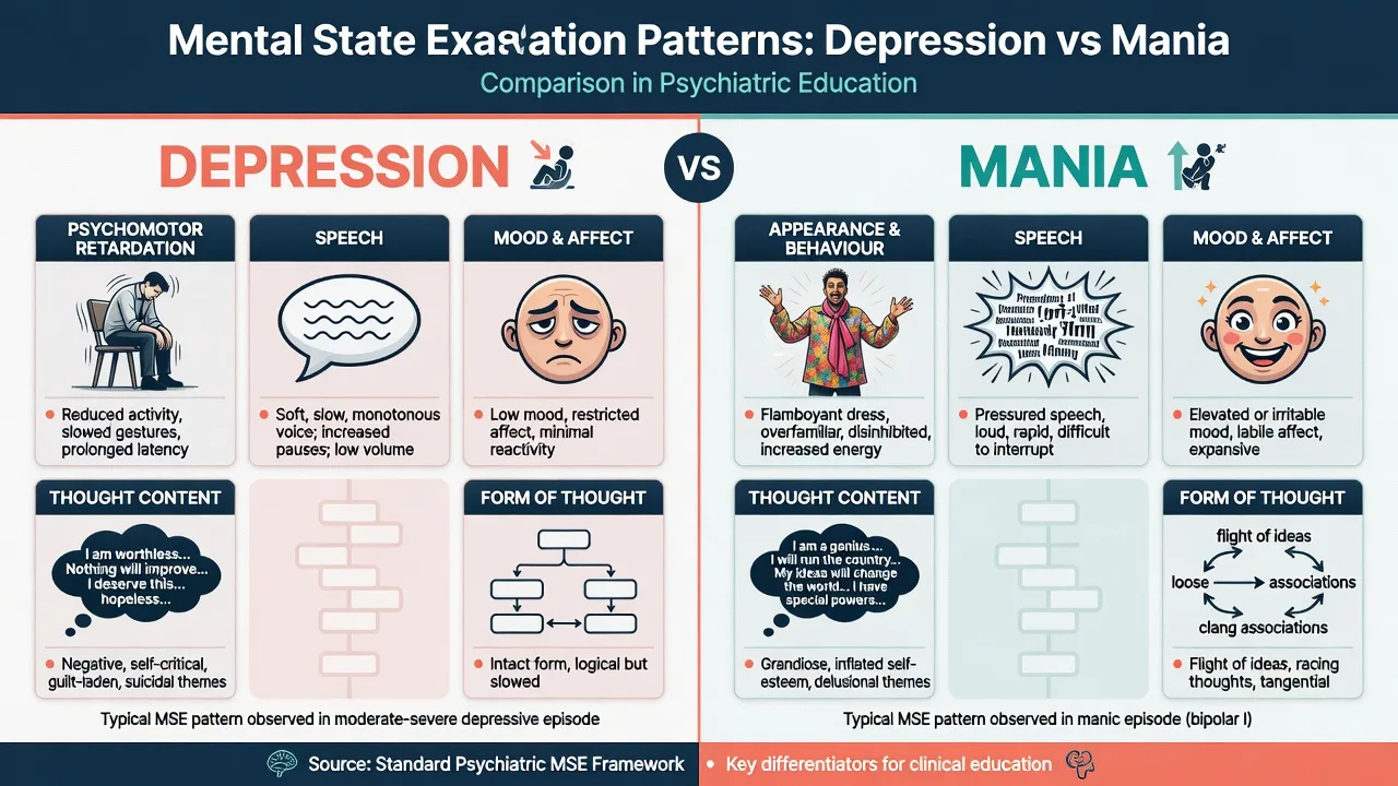 Side-by-side comparison of depression and mania mental state examination patterns across psychomotor activity speech mood affect and thought