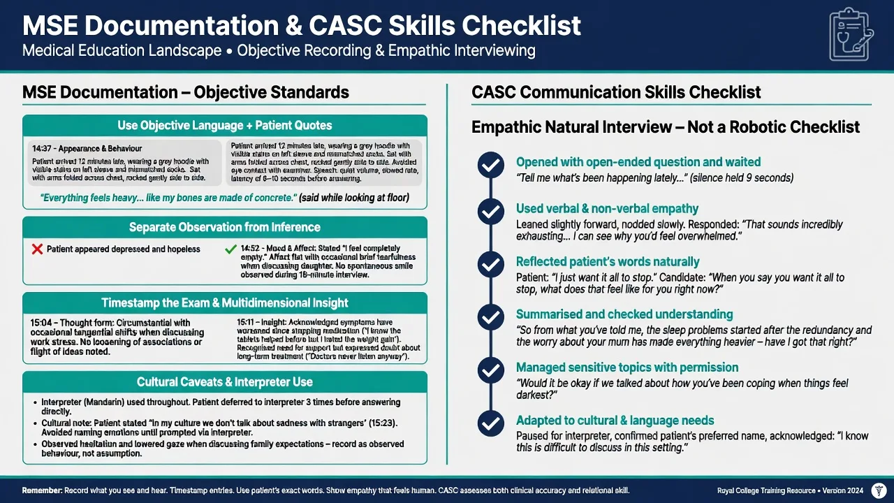 Checklist infographic for MSE documentation standards including objective language quotes and timestamping alongside CASC communication skills for empathic interviewing