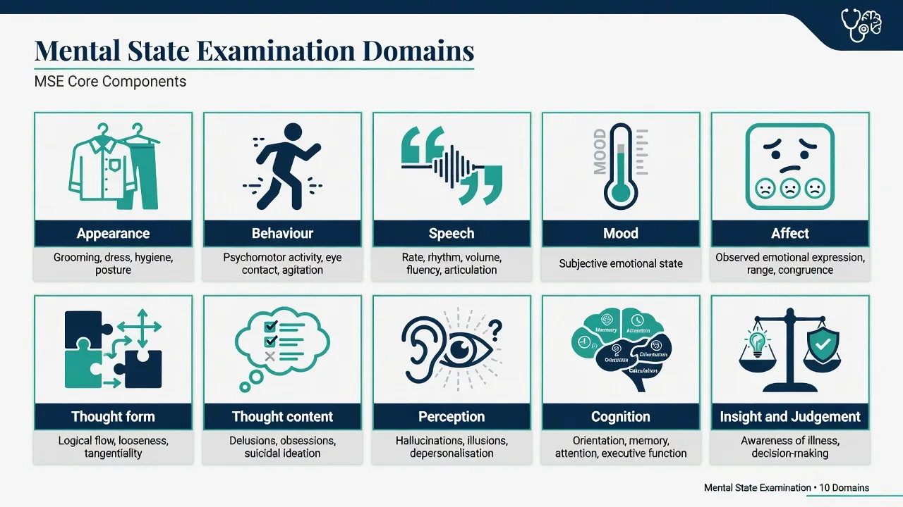Infographic of ten Mental State Examination domains with icons for appearance, behaviour, speech, mood, affect, thought form, thought content, perception, cognition, insight and judgement